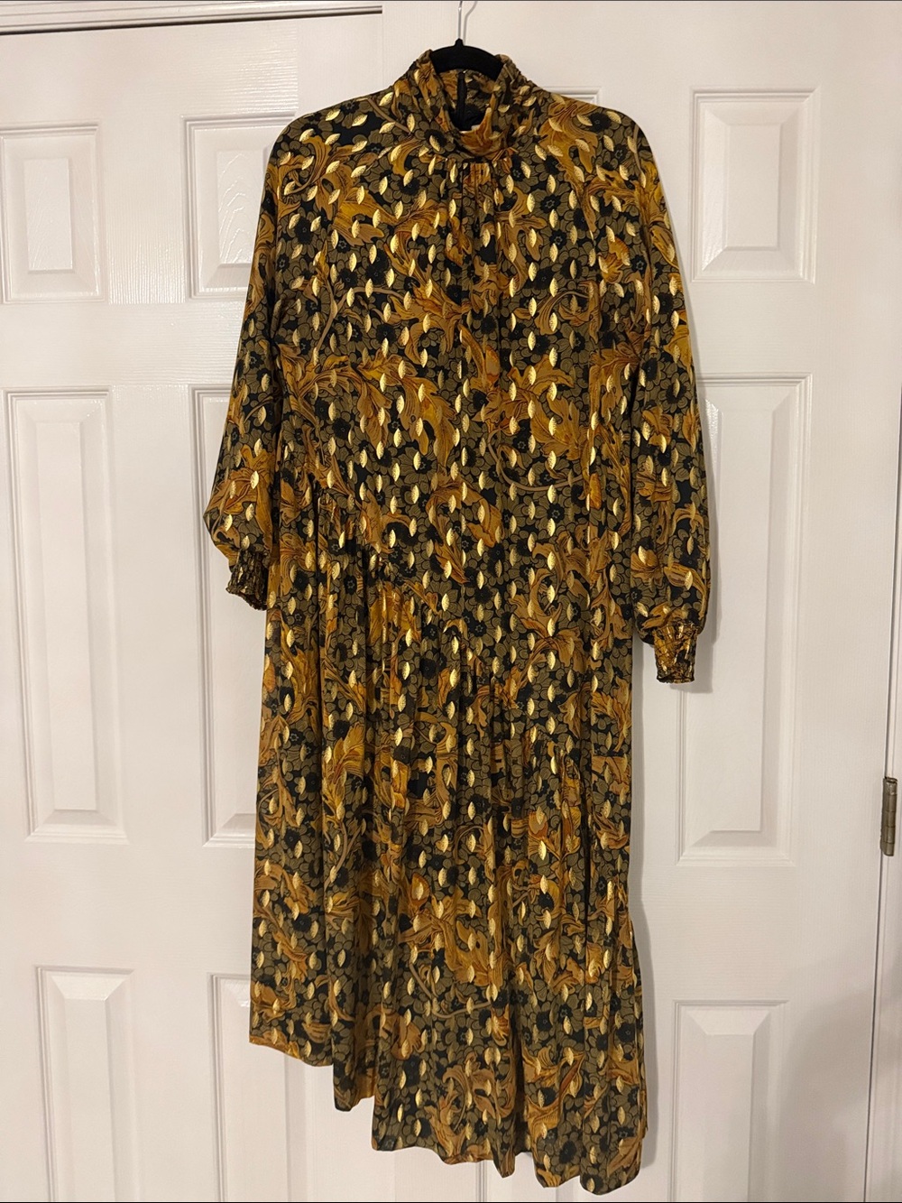 High-Neck Long Sleeve Floral Midi Dress in Mustard
